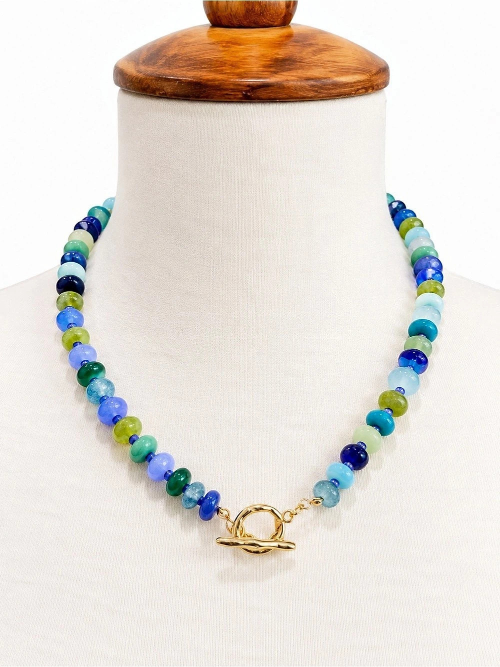 Handmade Glass Blue Green Multicolor Beaded Toggle Necklace